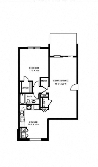 Floor plan for 1 bed, 1 bath, 1020 sqft
